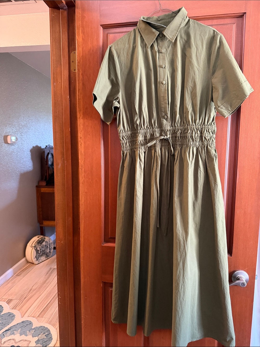 Olive Green Shirt Dress with Drawstring Waist Size L missing button New